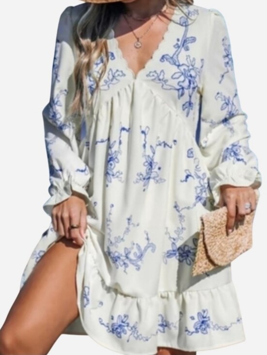 Cupshe Dresses & Skirts - Scalloped Trim, Boho Orchids Ruffuled Mini Dress, Blue & Cream, Summer, Beach